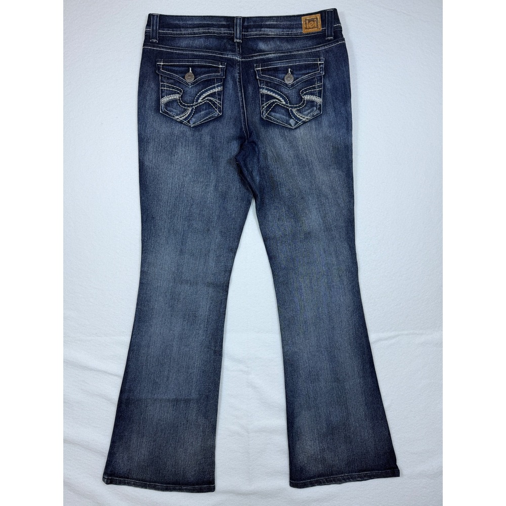 LEI Sophia Hipster Flare Jeans Y2K Dark Wash Whiskering Stretch Women Size 11 - Picture 7 of 9